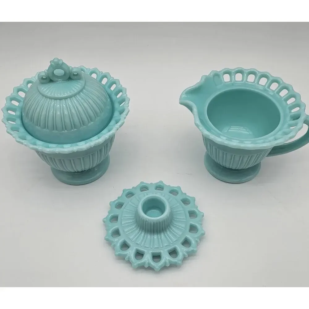 Fostoria Randolph Blue Milk Glass Cream Sugar & Candlestick Holder Set